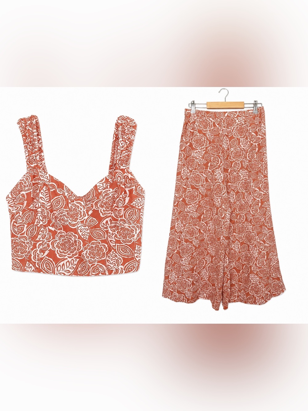 Midnight Sky Floral 2 Piece Set Large Orange White Crop Top Wide Leg Pants